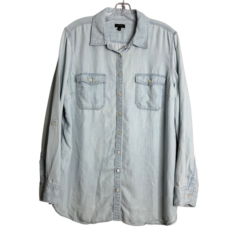 Talbots Chambray Button Up Shirt Womens XL‎ Blue Light Wash Preppy Beach Lyocell
